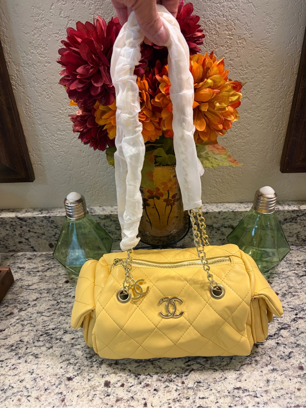 Yellow Quilted Shoulder Bag with Gold Chain Accent